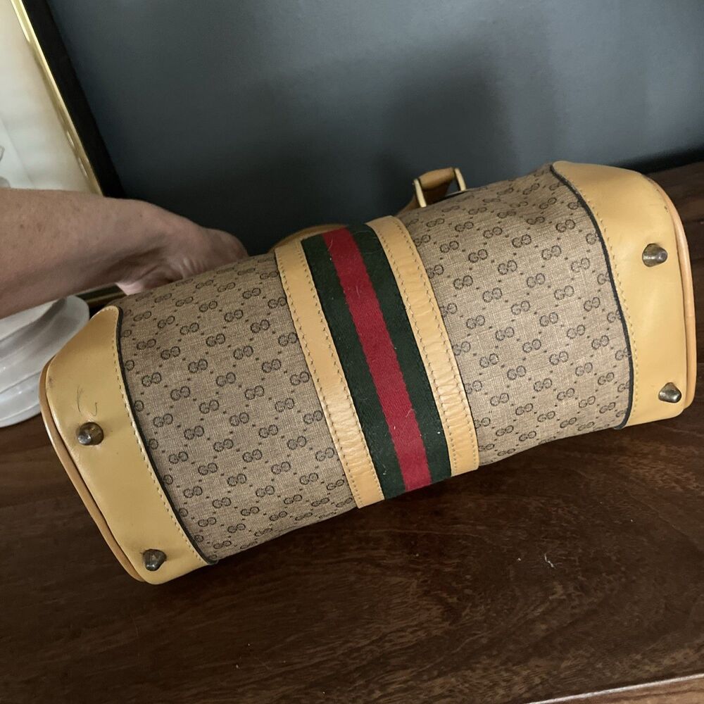 GUCCI Micro GG Sherry Line  Shoulder Bag Brown PVC & Leather Vintage Rare Tan - Picture 9 of 15